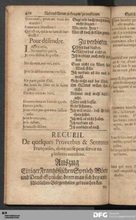 Recueil De quelques Proverbes & Sentences Françoises ... Auszug Einiger Frantzösischen Sprüch-Wörter und Denck-Sprüche...