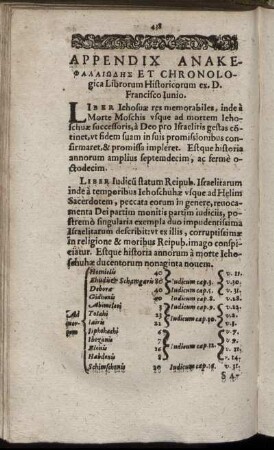 Appendix Ανακεφαλαιωδησ Et Chronologica Librorum Historicorum ex. D. Franciscso Iunio.