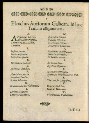 I. Elenchus Auctorum Gallican. in hoc Tractatu allegatorum
