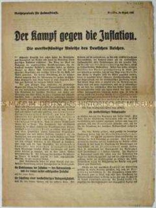Flugblatt der Reichszentrale für Heimatdienst zur wertbeständigen Anleihe gegen die Inflation