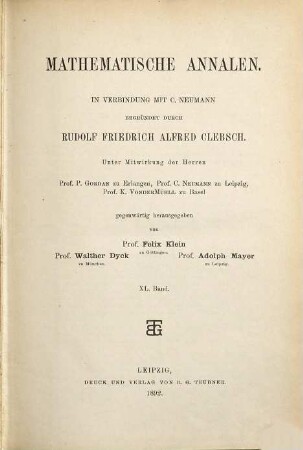 Mathematische Annalen. 40. 1892