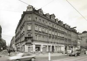 Dresden-Neustadt, Bautzner Straße 5/Ecke Alaunstraße. Wohnhäuser mit Läden (1858, um 1880/1890). Eckansicht