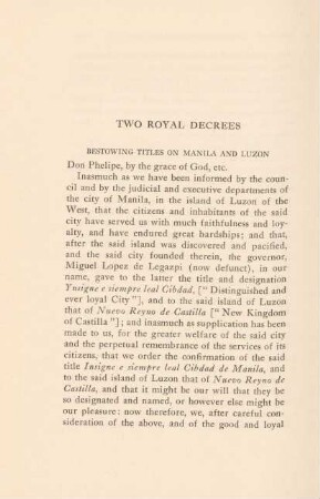 Two royal decrees bestowing on Manila and Luzon