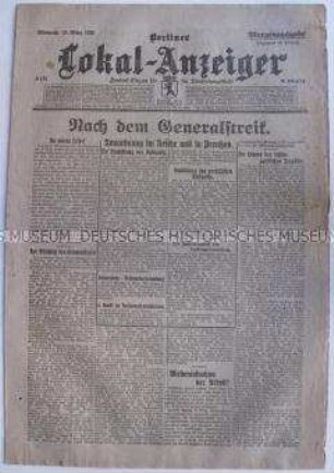 Tageszeitung "Berliner Lokal-Anzeiger" zur Lage in Deutschland nach dem Generalstreik gegen den Kapp-Putsch