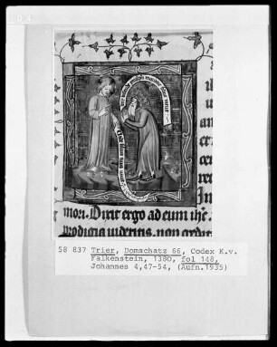 Perikopenbuch des Erzbischofs Kuno von Falkenstein: Der Zenturio von Kapharnaum fleht Christus an, seinen gelähmten Sohn zu heilen