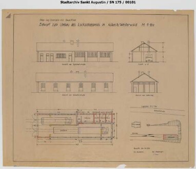 Asbach, Bahnhof, Lokomotivschuppen, Entwurf zum Umbau des Lokschuppens. Die Unterbringung von Omnibussen ist vorgesehen - der Plan wurde so nicht realisiert.