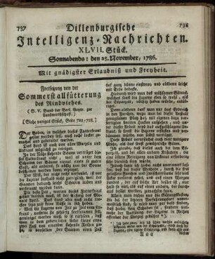 XLVII. Stück. Sonnabends: den 25. November, 1786.