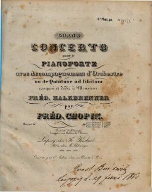 Grand concerto pour le pianoforte : avec accompagnement de l'orchestre ou de quintuor ad lib. ; oeuv. 11