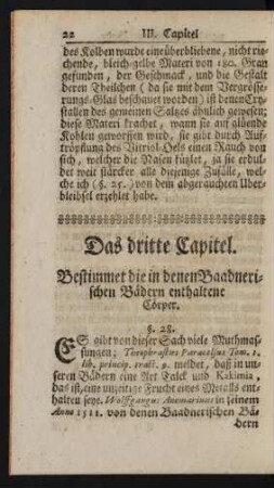 Das dritte Capitel. Bestimmet die in denen Baadnerischen Bädern enthaltene Cörper