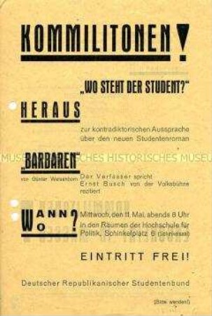 Aufruf zu einer Diskussionsveranstaltung von Studenten über das Buch "Barbaren" von Günter Weisenborn