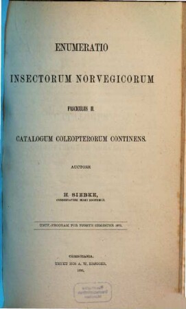 Enumeratio insectorum Norvegicorum, 2. Catalogum Coleopterorum continens