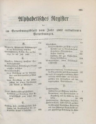 Alphabetisches Register der im Verordnungsblatt vom Jahr 1862 enthaltenen Verordnungen