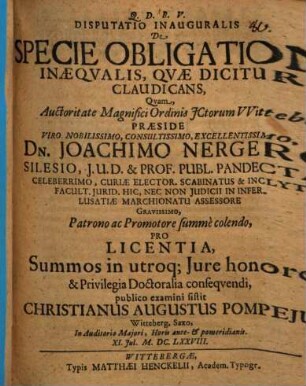 Disputatio Inauguralis De Specie Obligationis Inæqvalis, Qvæ Dicitur Claudicans