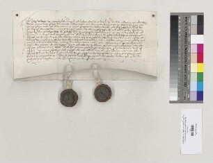 Jörg Auer von Brennberg überträgt den Zehnt zu Mintraching (Münndreiching), den er zuletzt dem verstorbenen Peter von Remagen übertragen hatte, an Abt Friedrich [II. von Weidenberg] und den Konvent zu St. Emmeram. S1: A. S2: Friedrich Auer aus Brennberg, Vetter von Jörg Auer