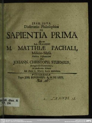 Dissertatio philosophica de sapientia prima