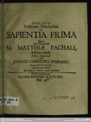 Dissertatio philosophica de sapientia prima