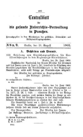 Erhebung von Einrückungsgebühren für Veröffentlichungen in den Regierungs-Amtsblättern : [A. Behörden und Beamte]