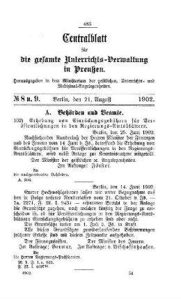 Erhebung von Einrückungsgebühren für Veröffentlichungen in den Regierungs-Amtsblättern : [A. Behörden und Beamte]