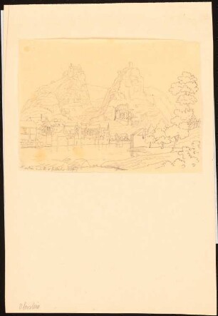Burgen Alt-Oberstein (Bosselstein) und Neu-Oberstein an der Nahe mit der Felsenkirche: Durchzeichnung: Perspektivische Ansicht der Burgen mit der Felsenkirche und Häusern des Ortes Oberstein vom gegenüber liegenden Ufer der Nahe aus gesehen