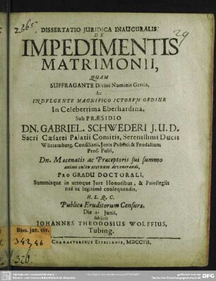 Dissertatio Iuridica Inauguralis: De Impedimentis Matrimonii