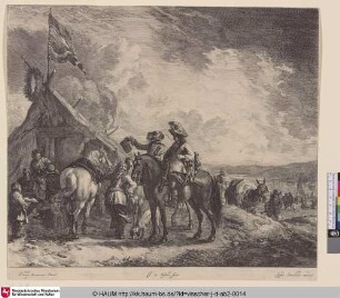 [Die drei Reiter beim Zelte links; Three horsemen at the sutler's tent towards the left]