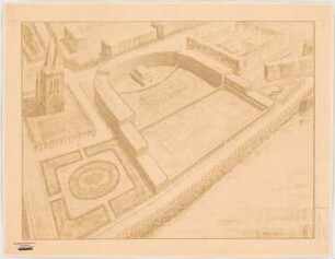 Berufsschulen am Urban, Berlin-Kreuzberg: Perspektivische Ansicht (Vogelschau) vom Hafen her (mit geschlossenen Gebäudekomplexen) (siehe Inv.Nr. 3878)