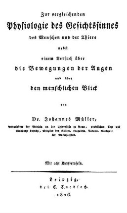 Zur vergleichenden Physiologie des Gesichtssinnes des Menschen und der Thiere : nebst einem Versuch über die Bewegungen der Augen und über den menschlichen Blick ... ; Mit acht Kupfertafeln