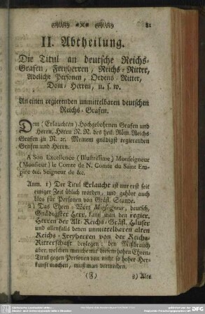 II. Abtheilung. Die Titul an deutsche Reichs-Grafen, Freyherren, Reichs-Ritter, Adeliche Personen, Ordens-Ritter, Dom-Herren, u. s. w.