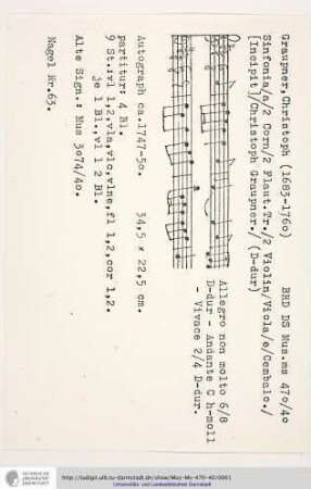 Sinfonia / a / 2 Corn / 2 Flaut. Tr. / 2 Violin / Viola / e / Cembalo. / [Incipit] / Christoph Graupner.