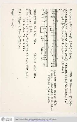Sinfonia / a / 2 Corn / 2 Flaut. Tr. / 2 Violin / Viola / e / Cembalo. / [Incipit] / Christoph Graupner.