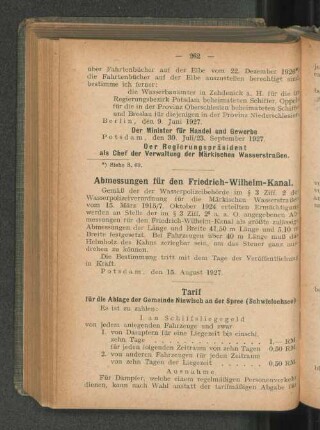 Abmessungen für den Friedrich-Wilhelm-Kanal.
