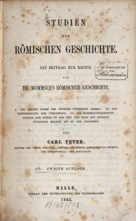 Studien zur römischen Geschichte : ein Beitrag zur Kritik von Th. Mommsen's römischer Geschichte