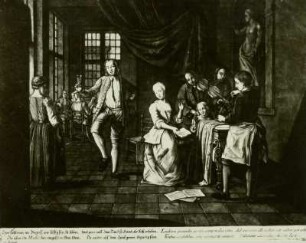 Musikalische Gesellschaft : Spitzel, Gabriel: Musikalische Gesellschaft (mit Sinnspruch). Kupferstich. Dresden: Kupferstich-Kabinett