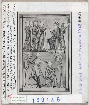Paris, Bibliothèque Nationale: MS fr. nouv. acq. 1098, fol. 39v, Vie de Saint Denis, Larcia bei Sisinnius, Enthauptung des Lesbius