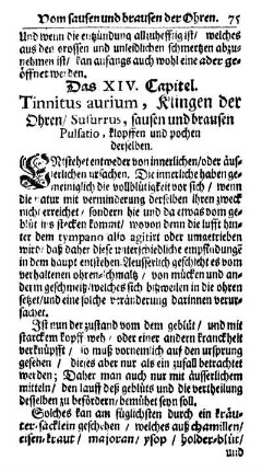 Das XIV. Capitel. Tinnitus aurium, Klingen der Ohren/ Susurrus, sausen und brausen Pulsatio, klopffen und pochen derselben.
