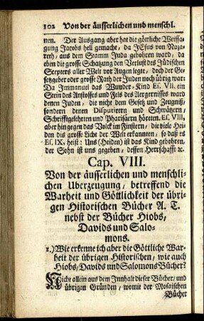 Cap. VIII. Von der äusserlichen und menschlichen Uberzeugung, betreffend die Warheit und Göttlichkeit ... - Cap. IX. Von der göttlichen Warheit der Propheten A. T.