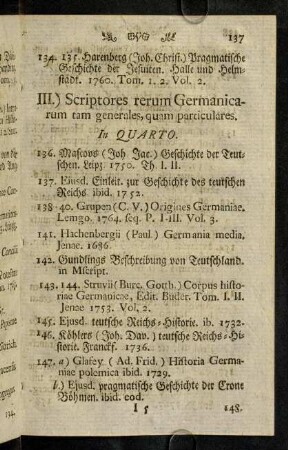 137-153, III.) Scriptores rerum Germanicarum... In Quarto.