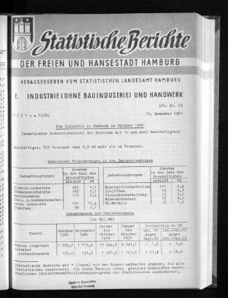 Die Industrie in Hamburg im Oktober 1960 : Lfd. Nr. 24