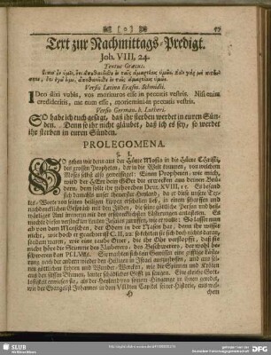 Text zur Nachmittags-Predigt. Joh. VIII, 24