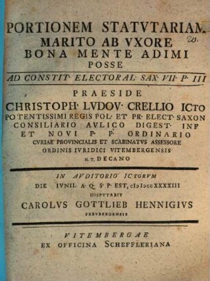 Portionem statutariam marito ab uxore bona mente adimi posse : ad Constit. electoral. Sax. VII, p. III
