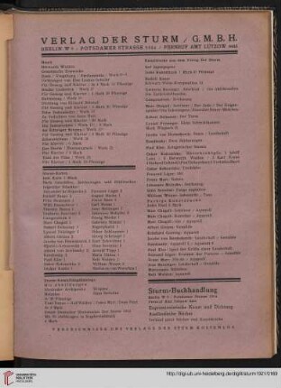 Verlag Der Sturm / Musik / Sturm-Karten / Sturm-Ausstellungskataloge / Kunstdrucke / Sturm-Buchhandlung