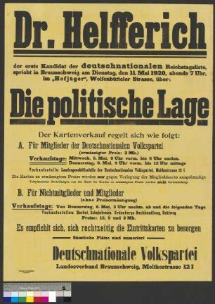 Plakat zu einer Wahlveranstaltung der DNVP am 11. Mai 1920 in Braunschweig mit dem Reichstagskandidaten Dr. [Karl] Helfferich