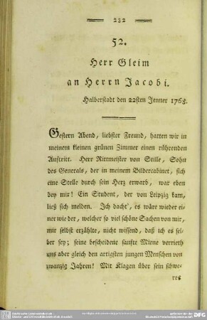 52. Herr Gleim an Herrn Jacobi. Halberstadt den 22sten Jenner 1768