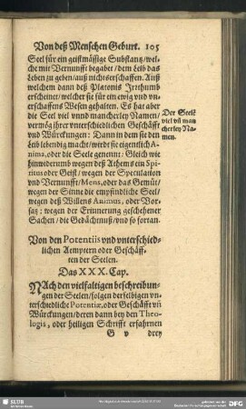 Von den Potentiis und unterschiedlichen Aemptern oder Geschäfften der Seelen. Das XXX. Cap.