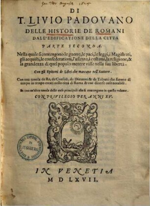 Di T. Livio Padovano delle historie de Romani dall' edificatione della citta, 2.
