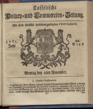 44. Stueck, Montag den 2ten November 1761