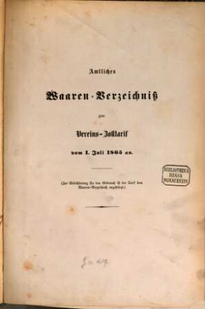 Schaumburg-Lippische Landesverordnungen. Vereins-Zolltarif. Amtliches Waaren-Verzeichniß. 1865, 1. Juli