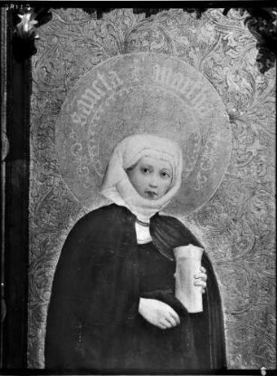 Tiefenbronn Katholische Kirche Sankt Maria Magdalena Magdalenenaltar von Lukas Moser (1431) geöffnet - Seitenflügel, Martha aus dem Bilde herausschauend