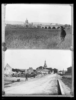 Frankreich (?) 1. Stadtansicht 2. Zerstörte Gebäude an Dorfstraße