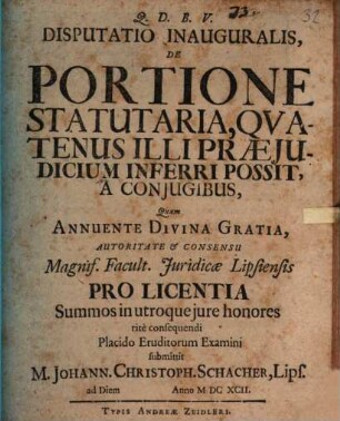 Disputatio Inauguralis, De Portione Statutaria, Quatenus Illi Praejudicium Inferri Possit, A Conjugibus